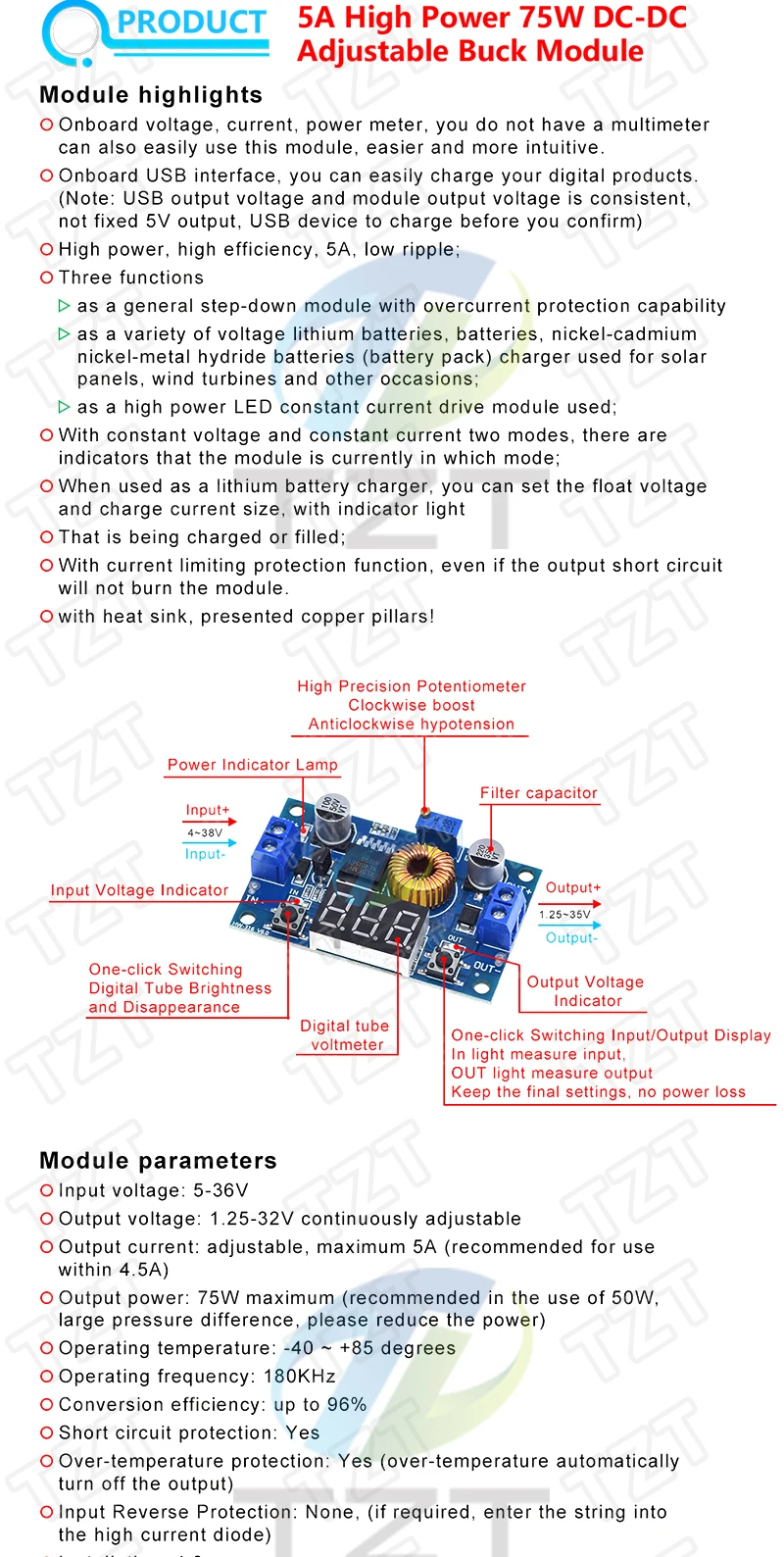 TZT 5A DC zu DC CC CV Lithium-Batterie Step down Lade Board Led Power Converter Lithium Ladegerät Step Down Modul XL4015 – Detail 10