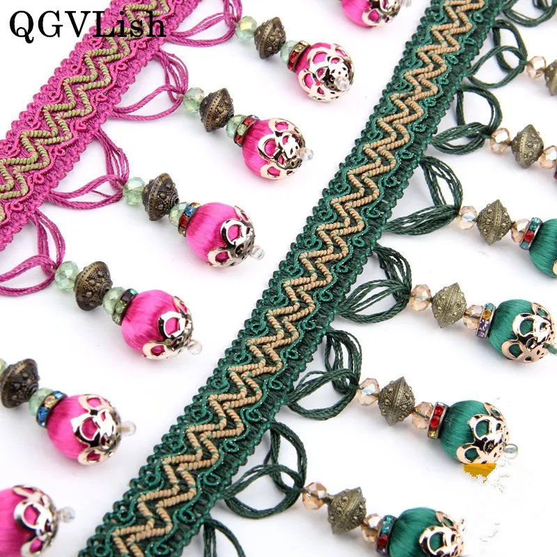 

QGVLish 12M Wood Beads Lace DIY Sewing Sofa Curtain Stage Decorative Lace Trims Ribbon Belt Tassel Fringe Curtain Accessories