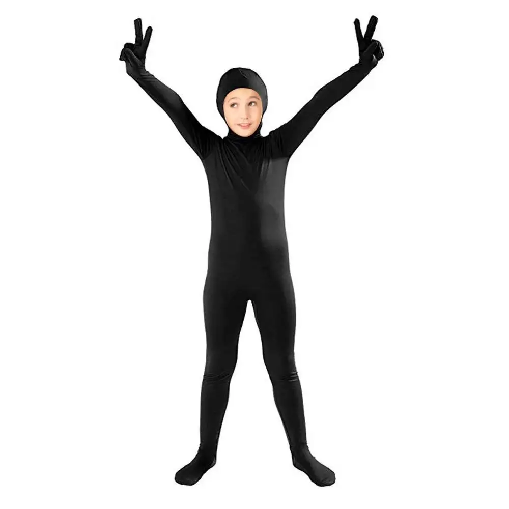 LZCMsoft Children Full Body Unitard Open Face Nylon Kids Spandex Zentai Costumes Long Sleeve Hooded Black Skin Zentai Bodysuits