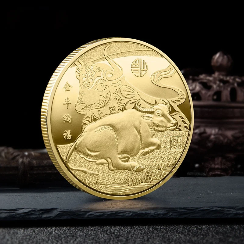 Traditional Chinese Zodiac Gold and Silver Plated Coin Souvenir Taurus Offering Blessing 2021 Year of The Ox Commemorative Medal