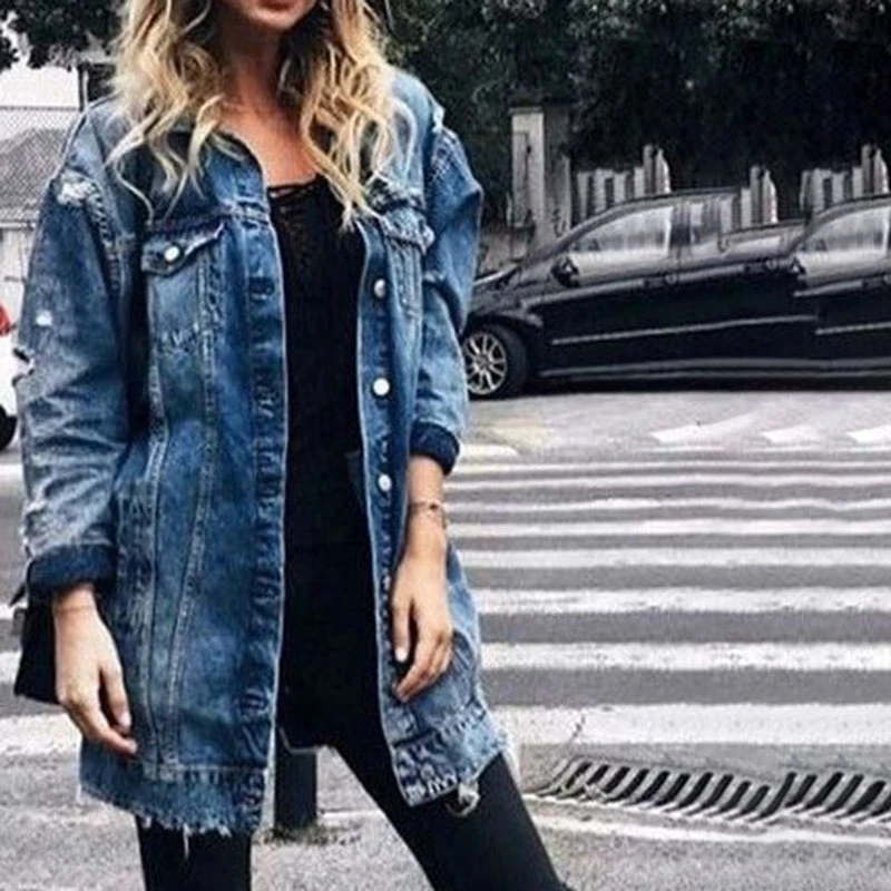 Long Sleeve Autumn Women Loose Ripped Denim Jacket Ladies Fashion Coat Streetwear Hole Style Jacket Outwear