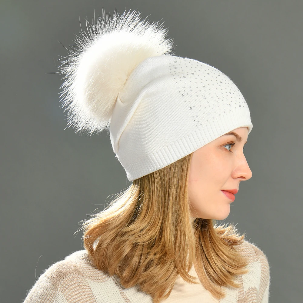 Women\'s Real Fur Pompon Hat Female Plain Warm Knit Beanie Hat Natural Raccoon Fur Pom Pom Hat Winter Beanies with Fur Pompom