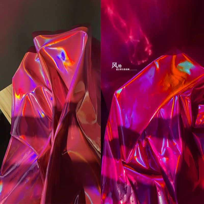 

Fluorescent Red Synthetic Leather Fabric Rainbow Reflective Waterproof DIY Patches Bags Stage Decor Clothes Designer Fabric