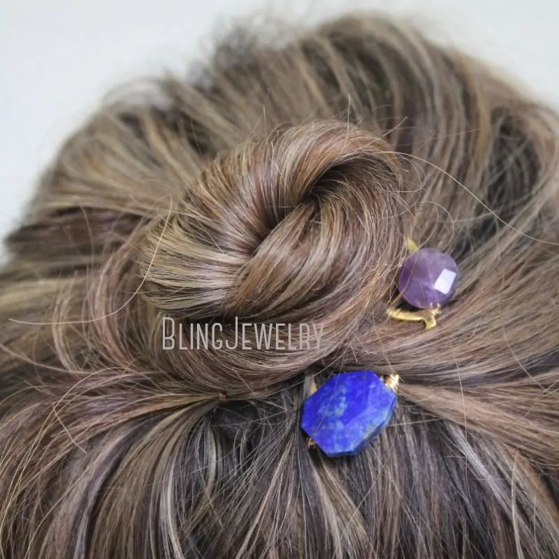 20pcs Mini Gem Hair Comb Lapis Pins Raw Stone Pin Bridal Accessories Mermaid Gift