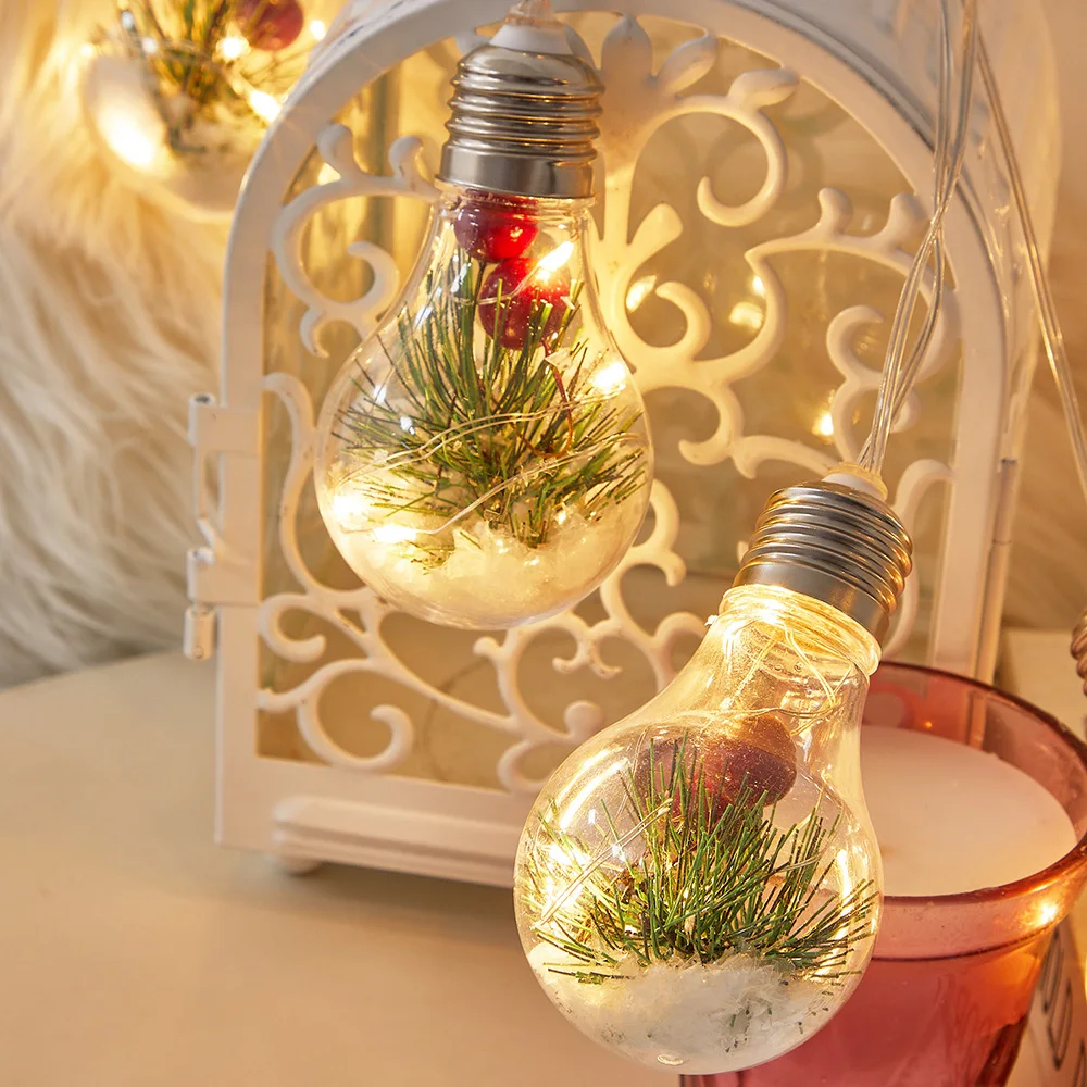 Battery Operated LED Pine Globe String Lights Christmas Decoration 10Bulb Hanging Christmas Lights Red Bead Holiday Fairy Lights