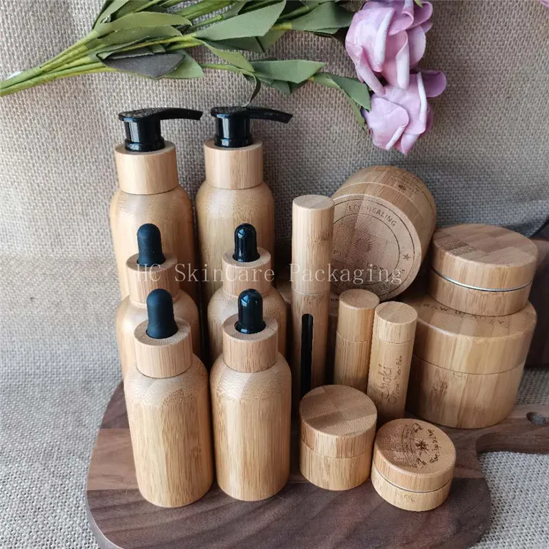 100pcs/lot 15ml 30ml 50ml Custom Logo Empty Cosmetic Continer Bamboo Dropper Bottles and Natrual Bamboo Cosmetic Cream Jar