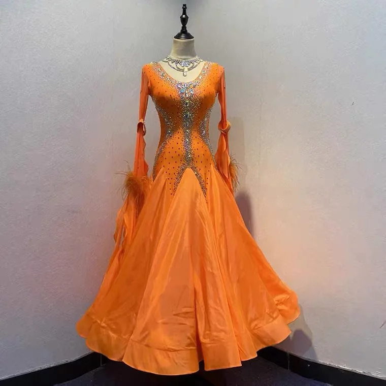 Standard dance dress Ballroom Dance Dress Women ballroom Competition Costume Lycra Waltz Stage costume orange long sleeves