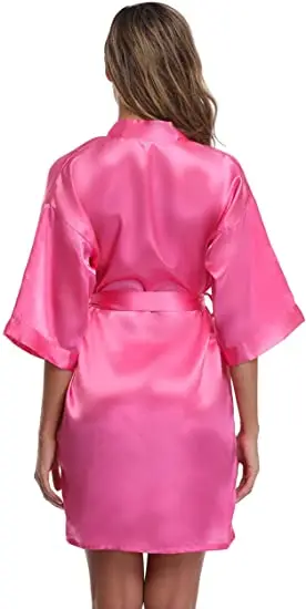 Mulheres Liso Cetim Robes, curto quimono Roupão, Simplicidade Pijama, Wedding Party Robe, Hot Pink Champagne Prata, S-XXL