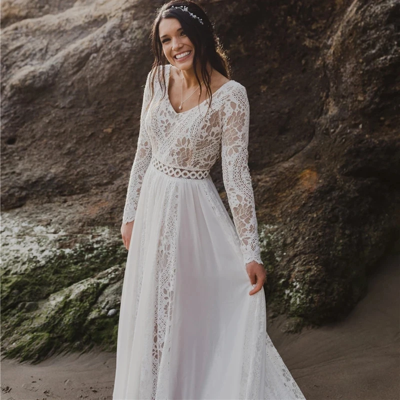 Beach Boho abito da sposa pizzo maniche lunghe Backless lunghezza del pavimento Robe De Mariee spose Chiffon A-line abiti da sposa Sweep Train