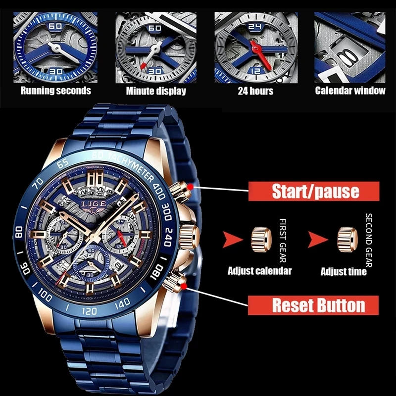 LIGE 2024 New Fashion Mens Watches with Stainless Steel Top Brand Luxury Sports Chronograph Quartz Watch Men Relogio Masculino