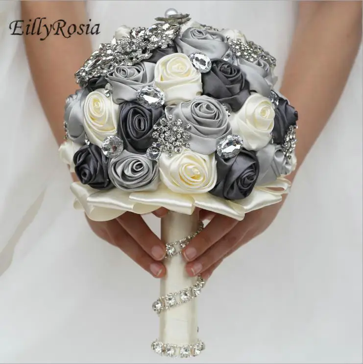 EillyRosia-broche para mujer, joyería para ramos de boda, flor Rosa satinada, cristales, dama de honor, ramo de novia, accesorios de boda