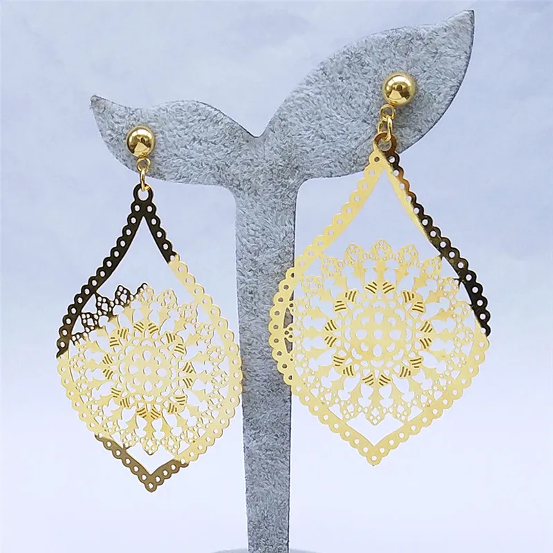 Fashion Bohemia Stainless Steel Big Long Flower Earring Women Gold Color Floral Stud Earrings Boho Jewelry pendientes flor E9144