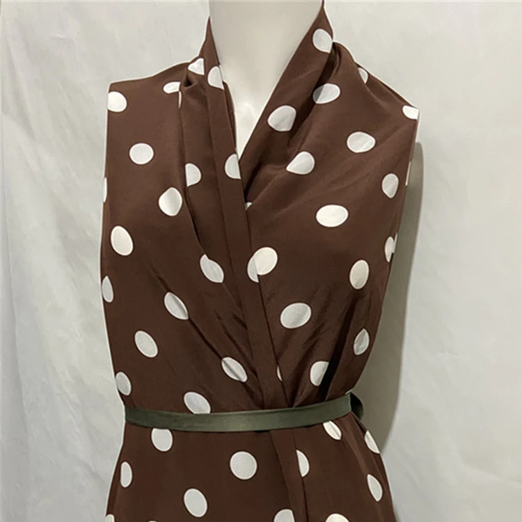 White polka dot on brown pure silk crepe de chine silk fabric 16momme thickness,SCDC1313