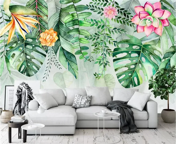 

Mural wallpaper garden succulent plant monstera flamingo TV background wall living room bedroom murals 3d wallpaper