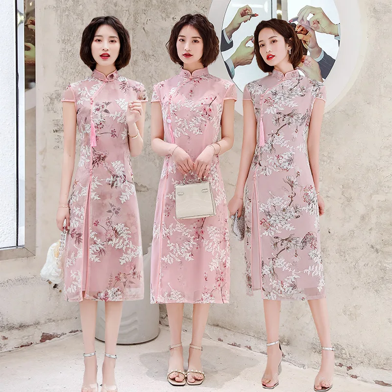 2020 Cheongsam Dress Girls Pink Lace Embroidered Traditional Chinese Women Long Dresses Classic Modern Qipao Китайское Платье