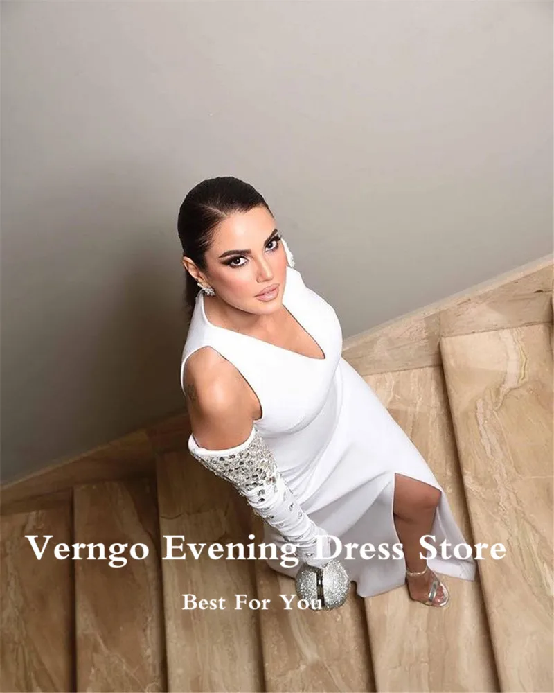 Verngo Modern White Celebrity Dresses With Crystal Sleeves Beads V Neck Slit Long Evening Dress Dubai Women Formal Prom Dress