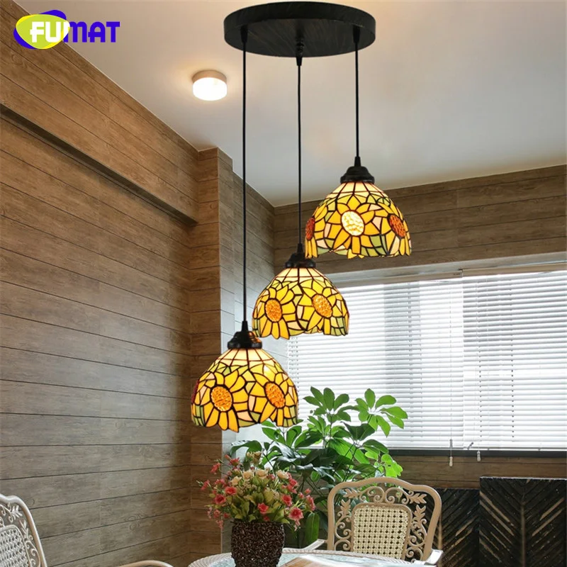 FUAMT LED Tiffany Chandelier Lights Stained Glass Shade Ceiling Lighting Fixtures Pendant Light 6 Arms E26 E27 Pendent Lamps For