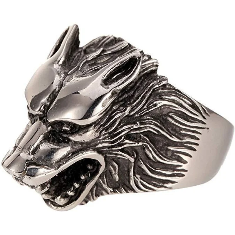 Fashion Overbearing Men's Wolf Head Ring Personality Retro Ice Wolf Cast Titanium Steel Ring Super Cool Body Defense Ring