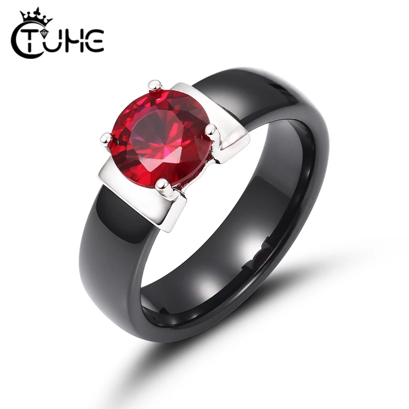 6mm Colorful Crystal Ceramic Rings Red Plus Cubic Zirconia For Women Wedding Ring Engagement Jewelry Black White Smooth Ceramic