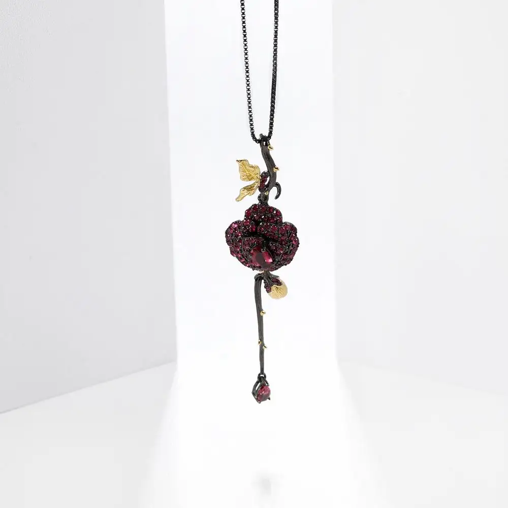 GEM'S BALLET Black & 18k Gold Over 925 Silver Two Tone Handmade Rose Flower Natural Rhodolite Garnet Pendant Necklace For Women