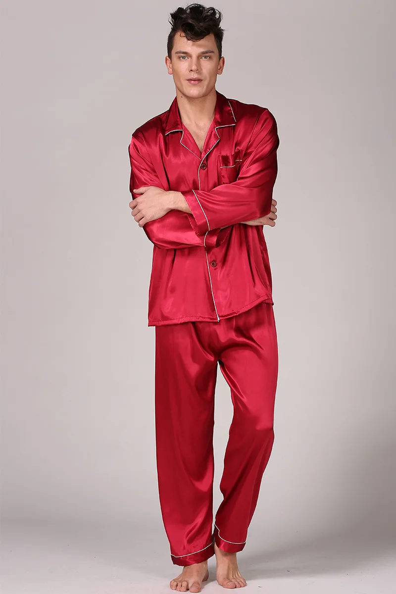 2022 Red Black Blue Male Pajama Set Satin Silk Men's Casual Nightwear Sleepwear Nightgown Robe халат мужской пижама Peignoir