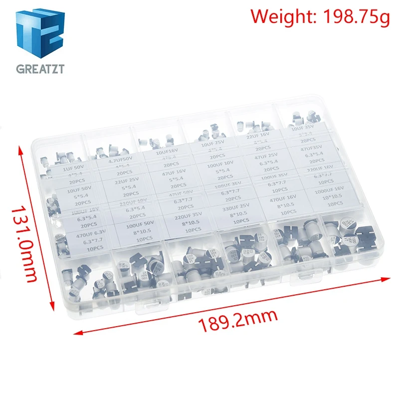 1uF~1000uF 6.3V-50V 400Pcs 24Value SMD Aluminum Electrolytic Capacitors Assortment Kit+ Box