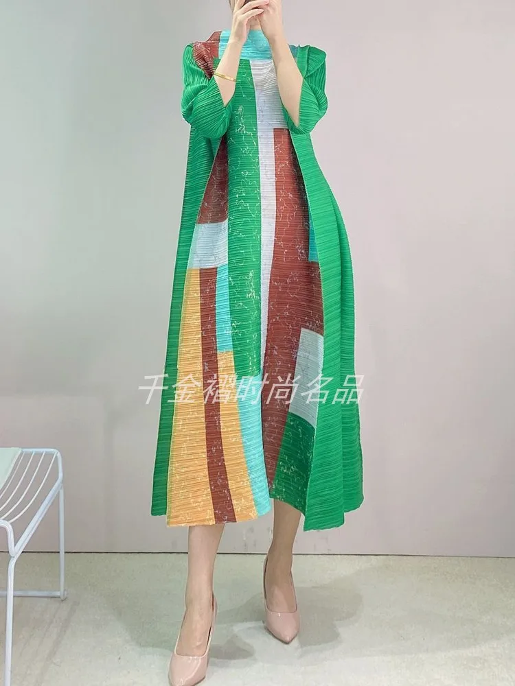 

HOT SELLING Miyake Fashion fold three quarter patchwork Leopard stand neck dress IN STOCK
