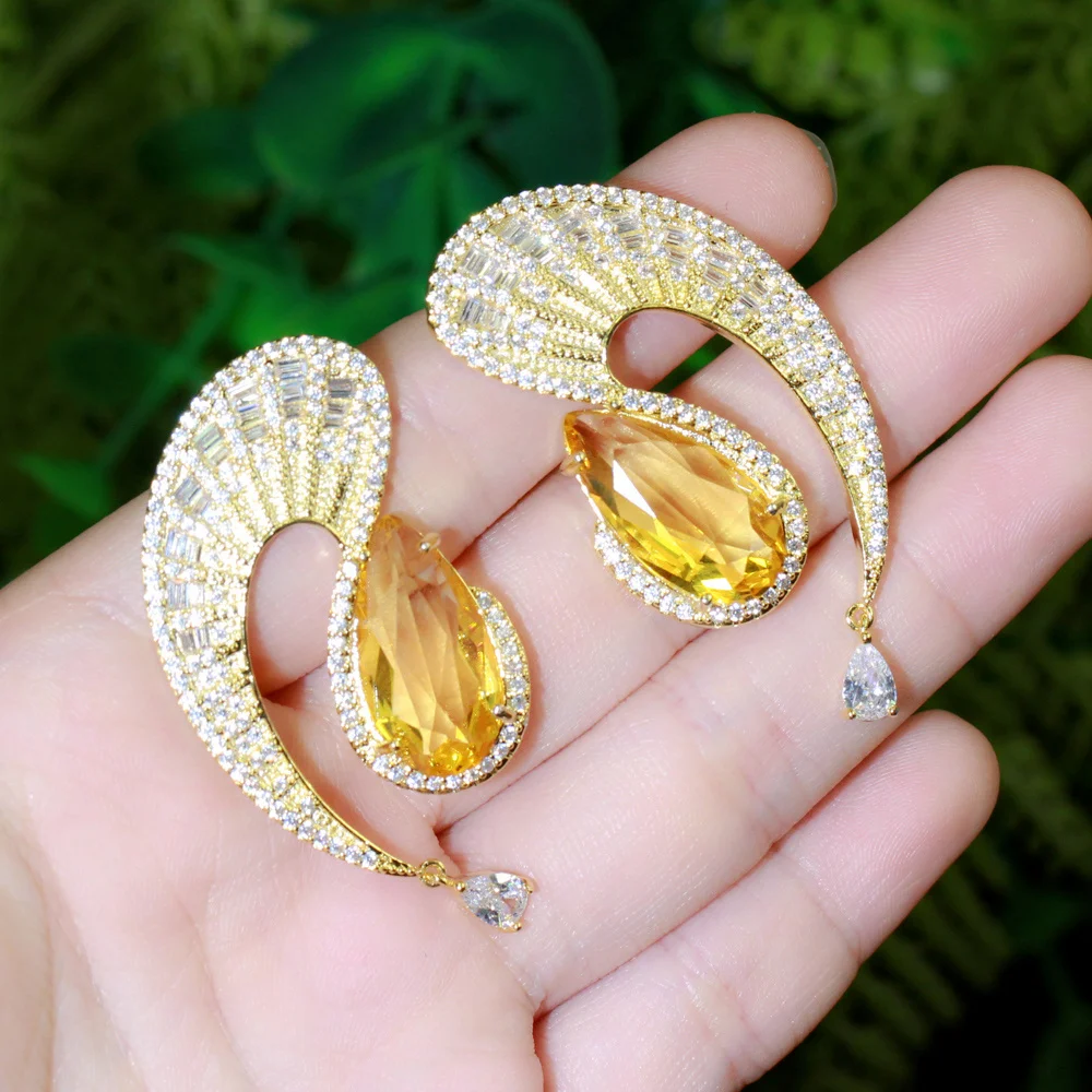 CWWZircons Festive Symmetrical Water Drop Yellow Cubic Zirconia Large Long Dangle Earrings Party Wedding Jewelry for Women CZ850