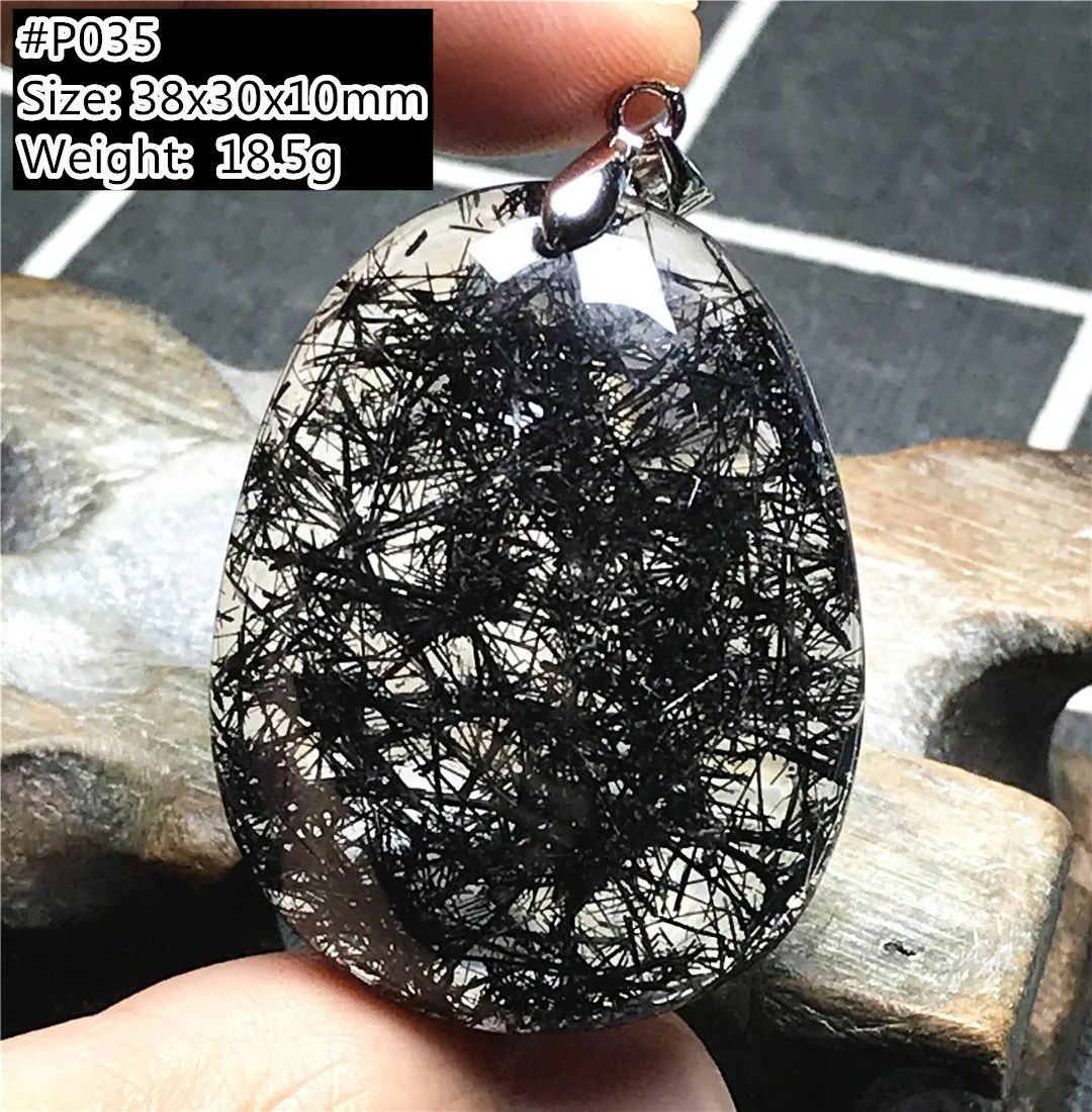 

Big Natural Black Rutilated Quartz Pendant Jewelry For Women Men Wealth Healing Brazil Crystal 38x30x10mm Beads Silver Gemstone