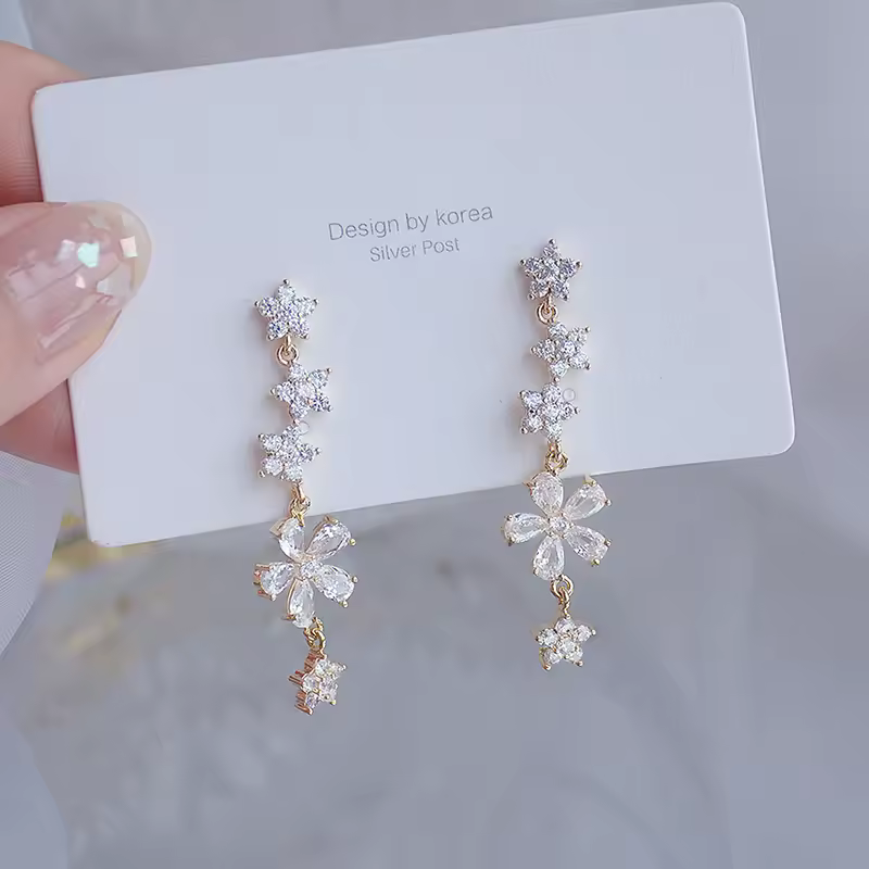 exciting Sweet Long Design Fower Women Earrings Bling AAA Zironia Stud Earring Wedding Jewelry Pendant Birthday Gift Accessories