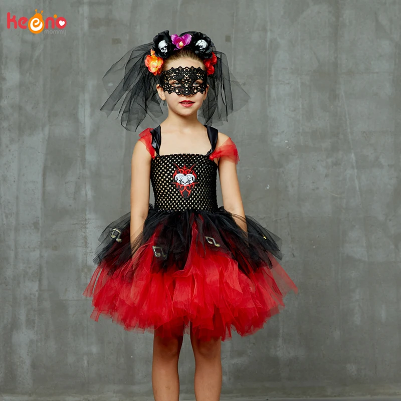Zombie Day Of The Dead Bride Girls Halloween Fancy Tutu Dress Sugar Skull Horror Ghost Vampire Kids Scary Carnival Party Costume