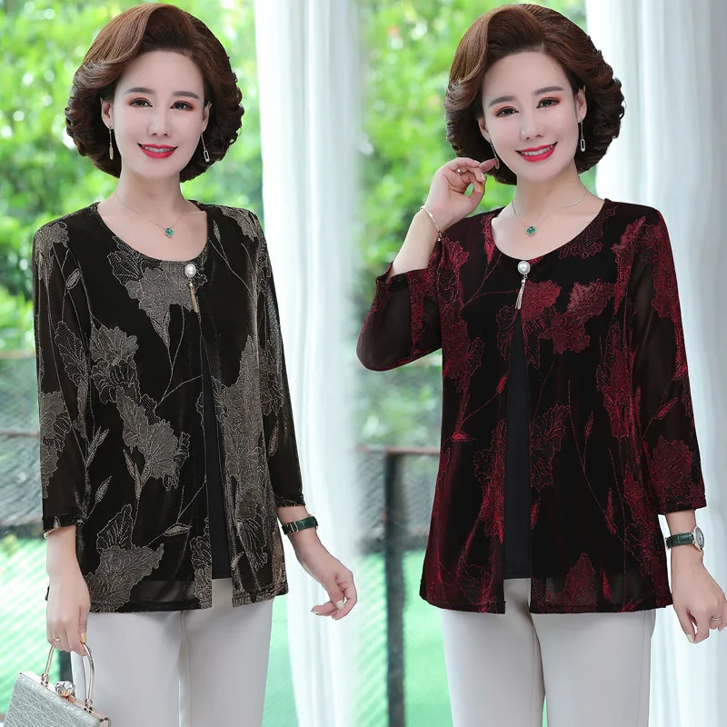 Fake Two Pieces Long Sleeve Tshirt Tops For Women Pullover Spring New Middle Age Mother Clothing Gold jacquard Shirt