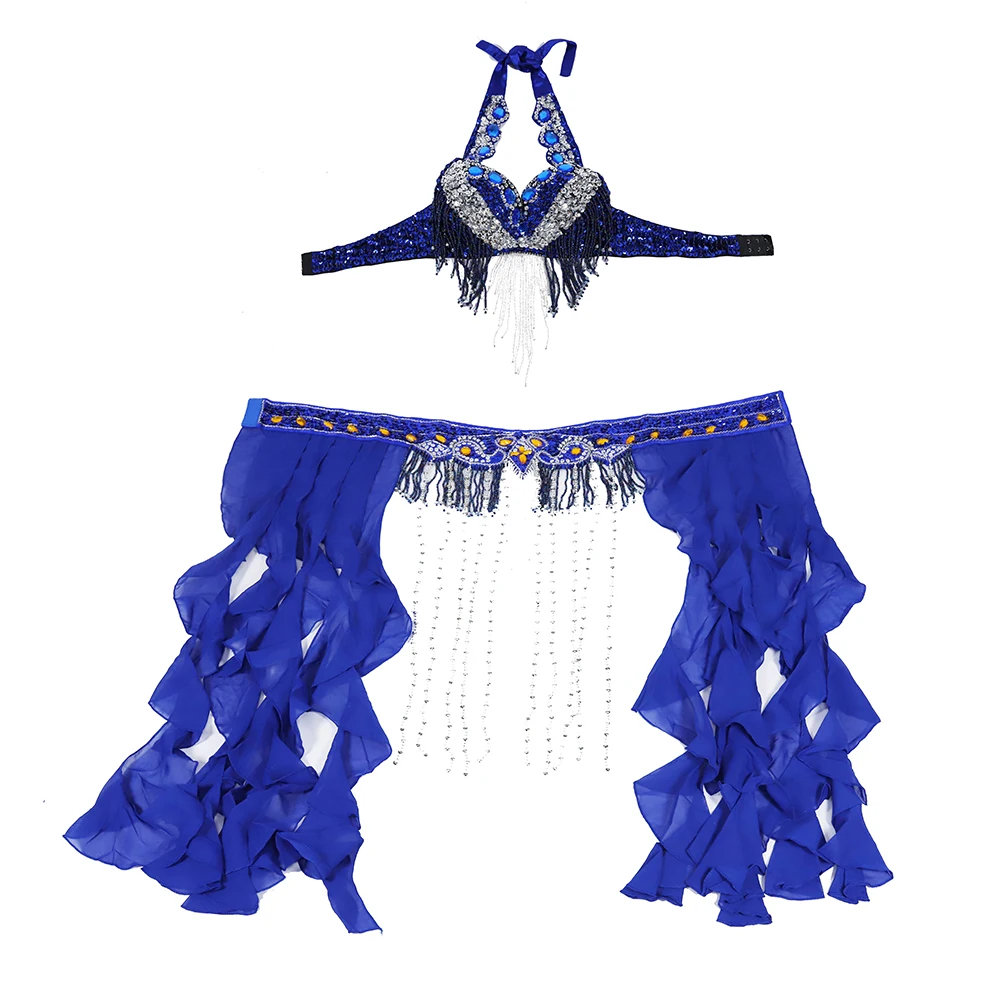 Size S-XL Performance Women Dancewear Professional 2pcs Outfit Oriental Beads Costume Belly Dance Bra Belt with Fringe