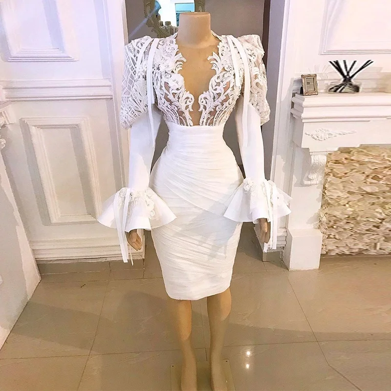 Pouco vestido branco 2021 imagem real manga longa vestidos de festa de noite dubai árabe mulheres rendas applique cocktail vestido