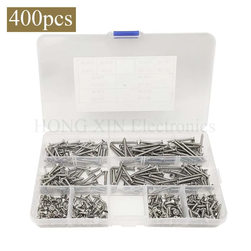 

400Pcs/Set 8 Different Sizes 304 Cross Flat Head Self Tapping Screw Assortment Kit Wood Thread Nail Screw Sets DIY Countersunk