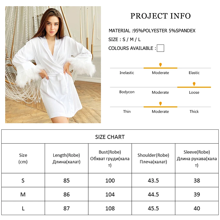 Hiloc White Feather Robe With Fur Full Sleeves Sleepwear Satin Robes For Women Nightgown Bride Robe Gown Dress Bathrobe Female