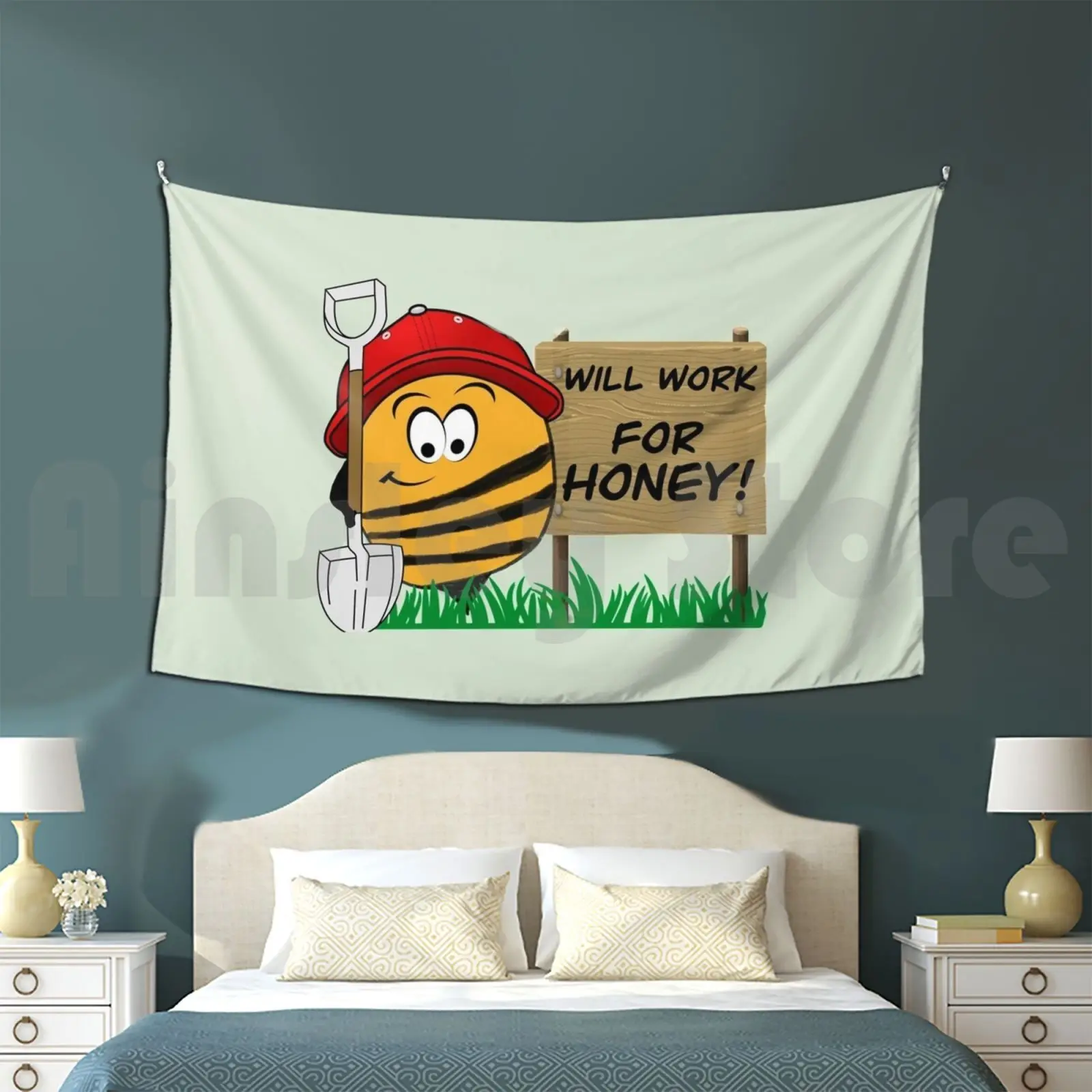 Honey Bee-Will Work For Honey Tapestry Living Room Bedroom Honey Bee Bees Honey Bee Apiary Beekeeper