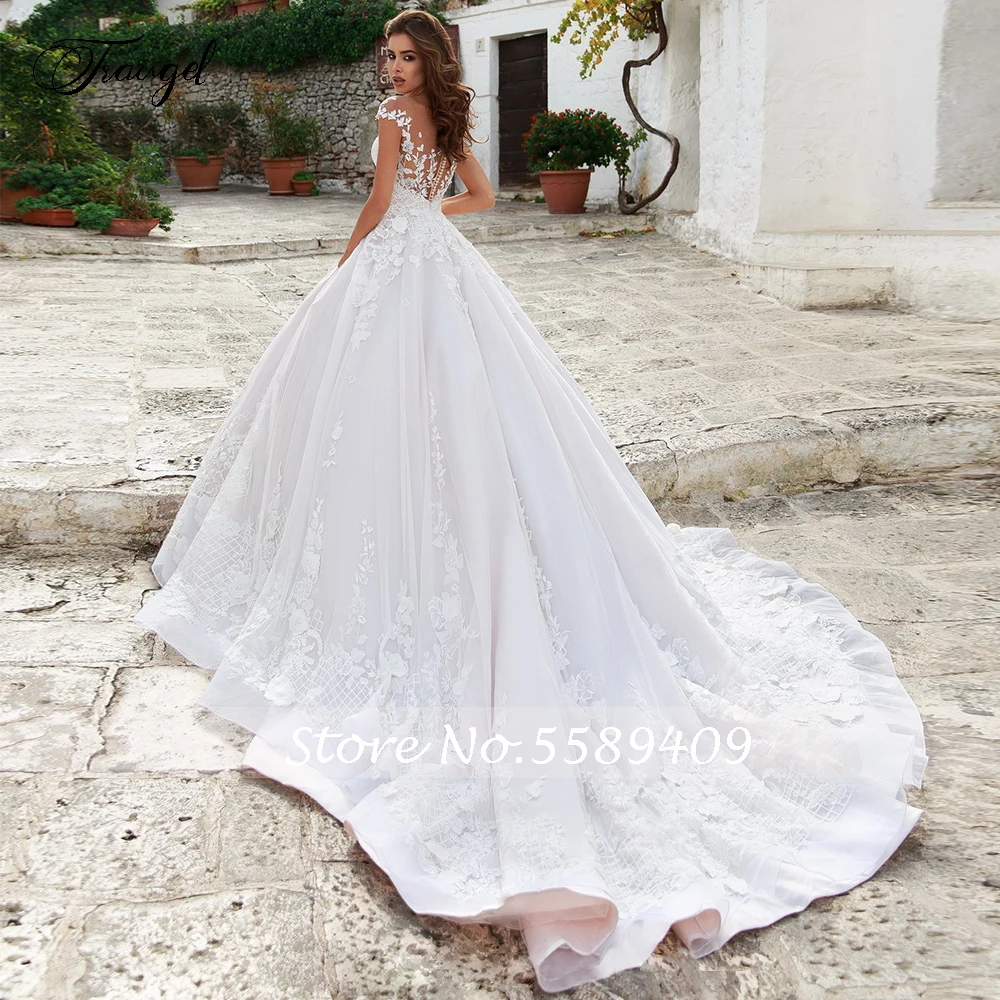 Traugel Vestidos de Novia Mütze Ärmel Spitze Vintage Brautkleider sexy Illusion Applikation Blumen Kapelle Zug eine Linie Brautkleid