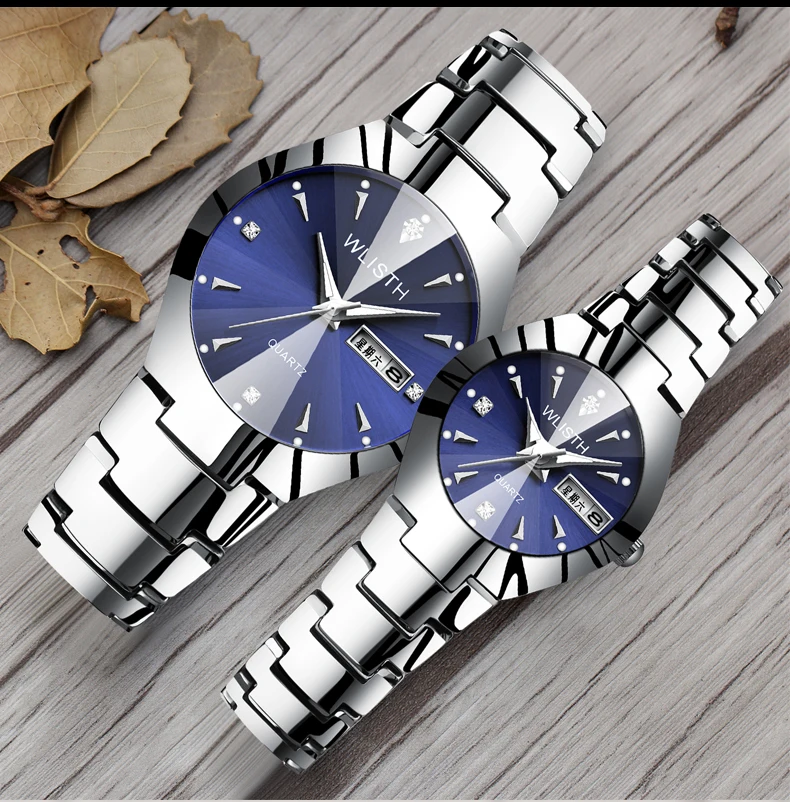 

WLISTH Men's And Women Watch Waterproof Tungsten Steel Couple Wristwatch Calendar Week Quartz Men Watches Relogio Feminino