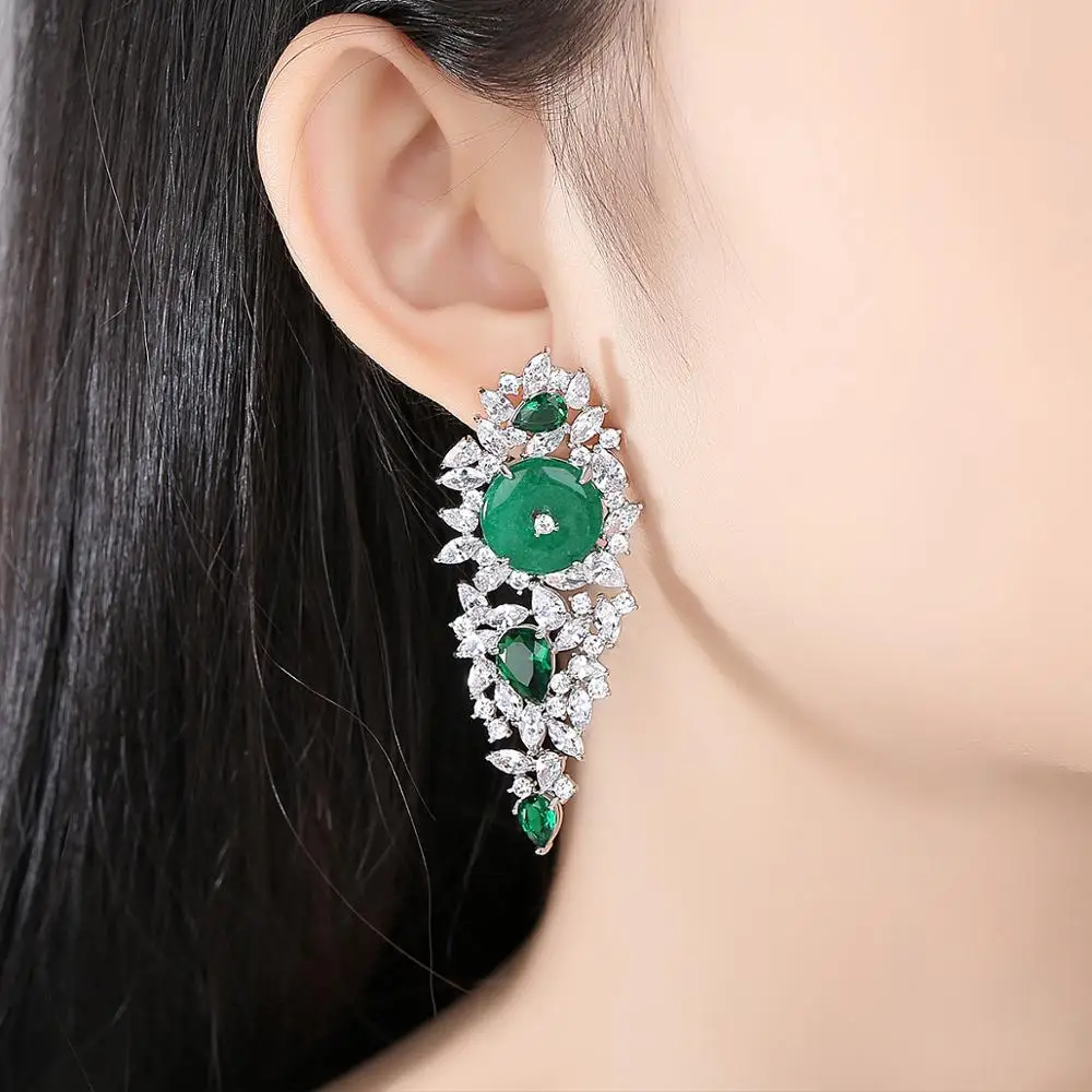 HUAMI Long Design Inlaid Cubic Zircon Drop Earrings Jade Emerald Green Chalcedony Natural Jewelry for Women Luxury Costume Earri