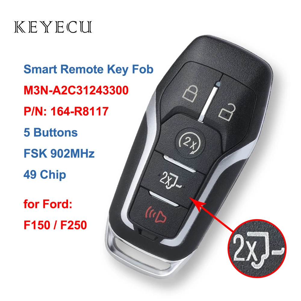 

Smart Remote Car Key Fob 5 Buttons FSK 902MHz 49 Chip for Ford F150 F250 SUV 2015 2016 2017 M3N-A2C31243300, 164-R8117