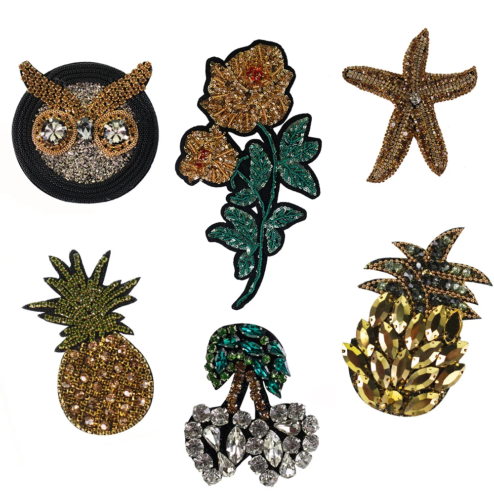 Durian Kiwi Avocado Pineapple Cherry Rhinestones Crystal Star Bead Sequin Flower Patch Applique Sew on Clothes Decor Fruit Badge