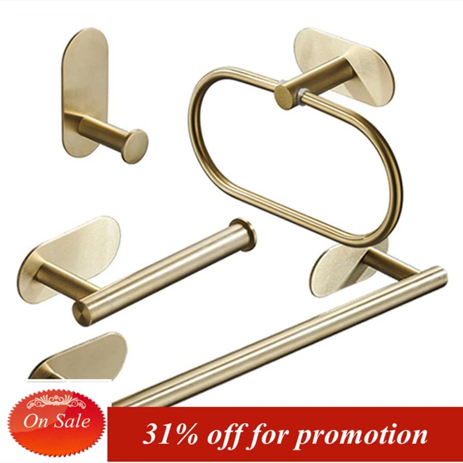 2021 Newest Stainless Steel Hardware Set Self-adhesive Golden Towel Bar Paper Holder Robe Hook Towel Ring Bathroom Accessories