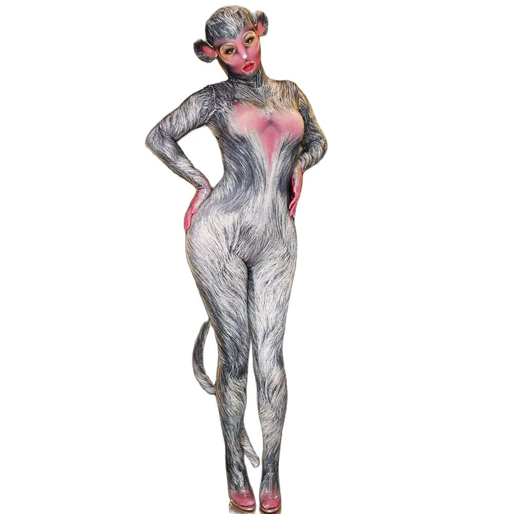 Moda pele impressa role-playing macaco macacão adulto feminino apertado estiramento bodysuit halloween performence trajes outfit