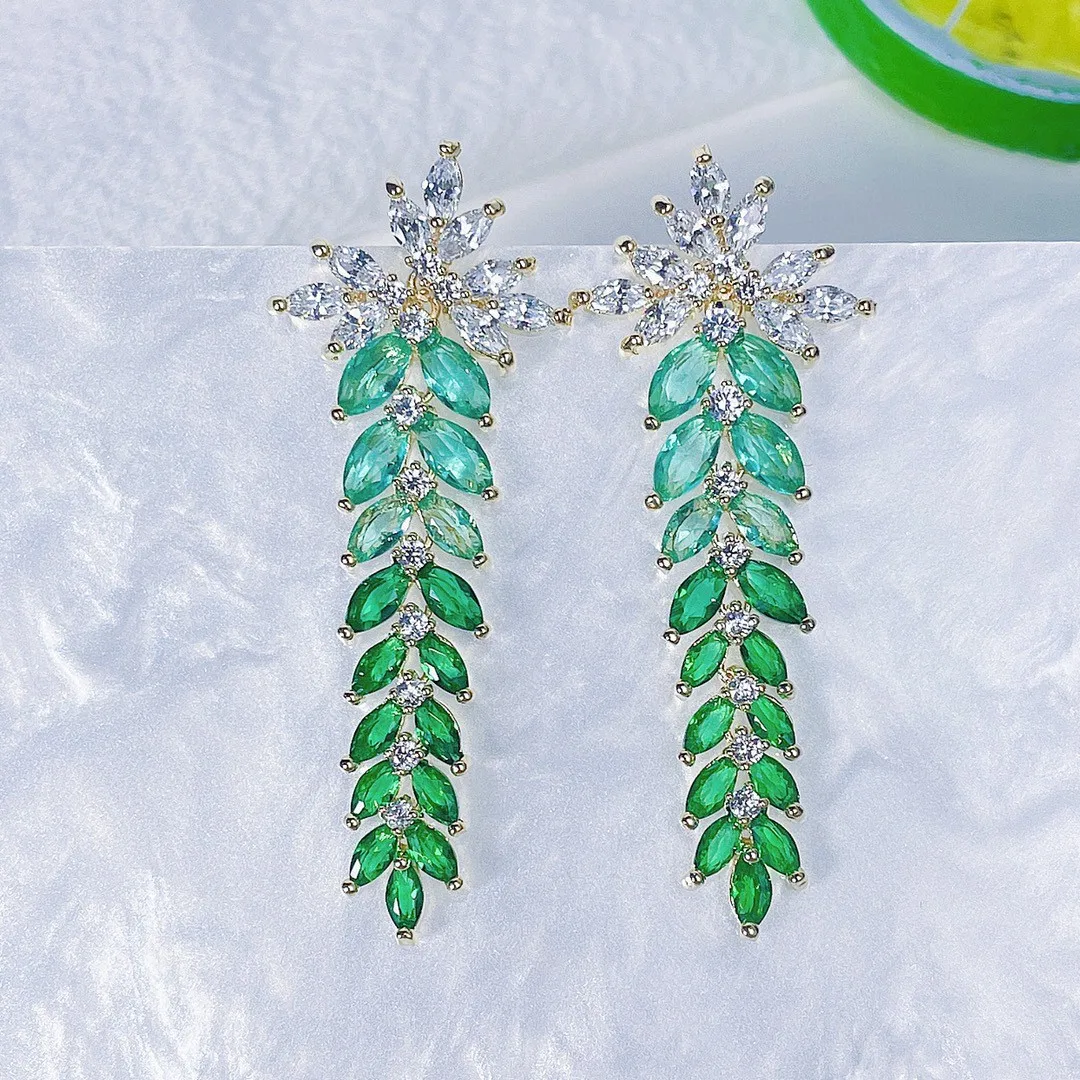 

Sparkling Cubic Zirconia Paved Long Leaf Drop Dangle Wedding Earrings for Women Dinner Party Dress Jewelry