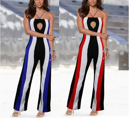 New Fashion Woman Ladies Sleeveless Strap Striped Flared Pant Romper Jumpsuit Playsuit One Pieces Summer Clothes