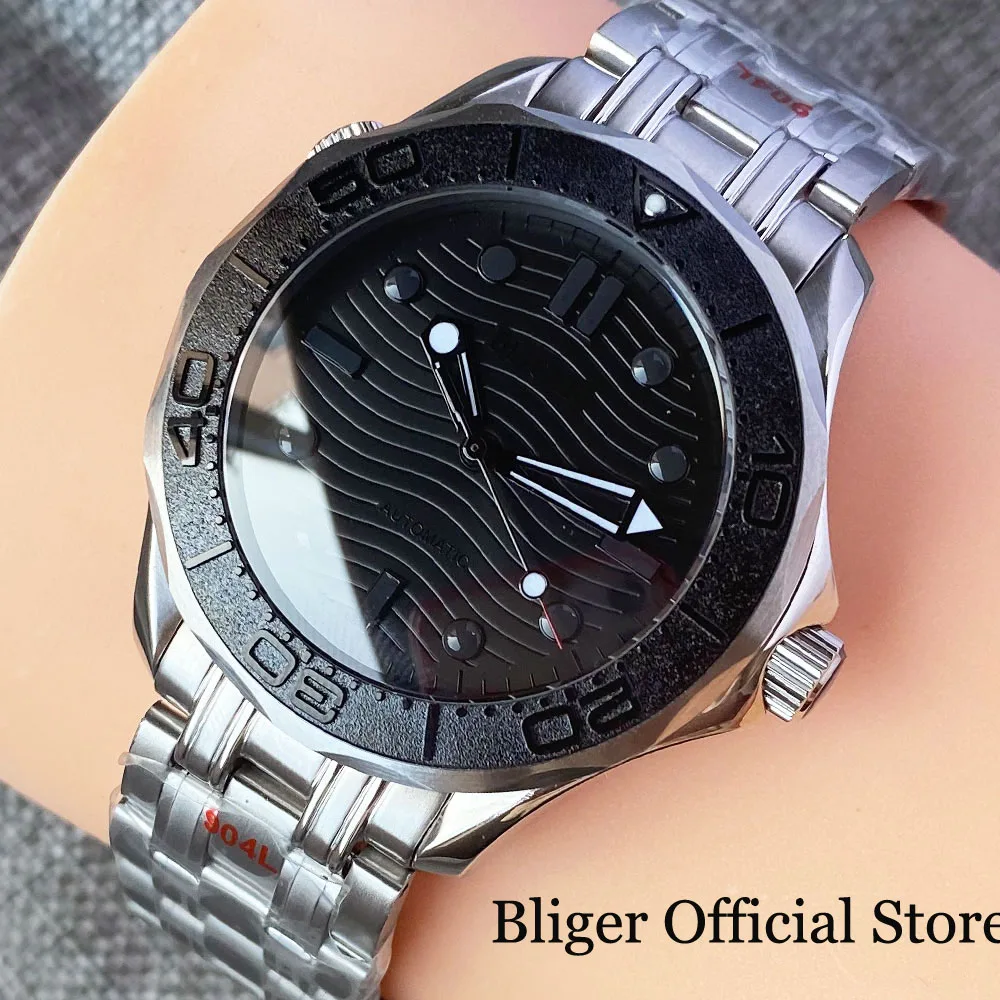 BLIGER 41mm Neue Surfen NH35 Automatic 007 Herren Uhr Schwarz Zifferblatt Index Hand Sapphire Glas Schraube Krone Solid Zurück