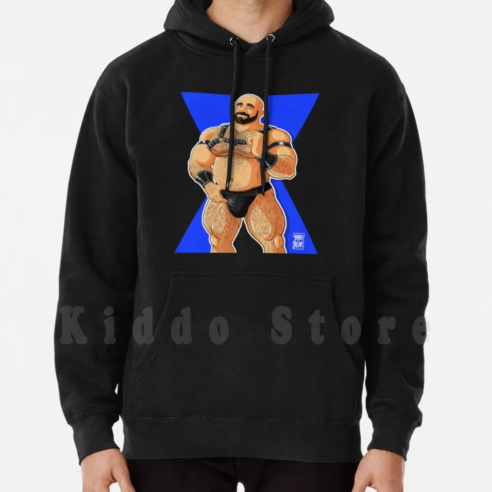 Jim Likes Harness-Blue X Hoodie Long Sleeve Bobobear Bobobearart Harness Musclebear Muscle Bear Hairy