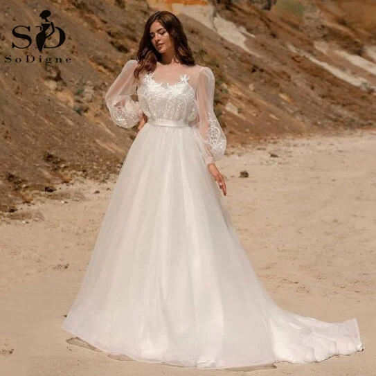 SoDigne-vestido de novia estilo bohemio, prenda elegante con Apliques de encaje, mangas abullonadas, estilo princesa, 2022