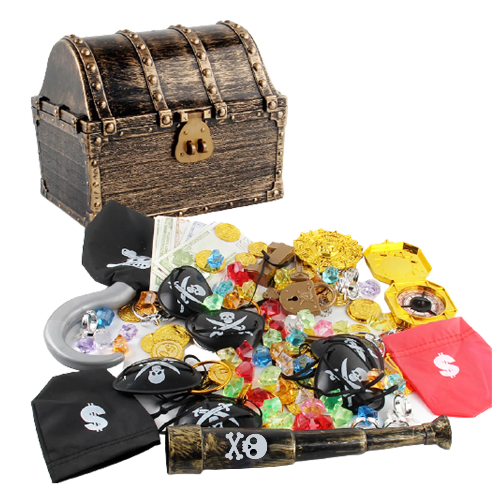 143pcs Plastic Gold Treasure Coins Captain Pirate Party Pirate Treasure Chests Child Treasure Chests Gold Coin Jewelry Gems Toy